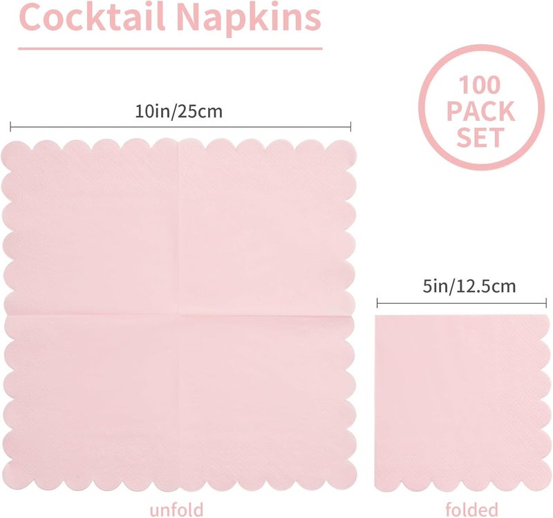 BEFORYOU 100 Pack Cocktail Napkin 2-Ply Scalloped Edged Dessert Napkins Folded 5 x 5 Inches Disposable Napkins for Dinner Wedding Birthday Party Bridal Anniversary Reception Event (Pink) - Image 2